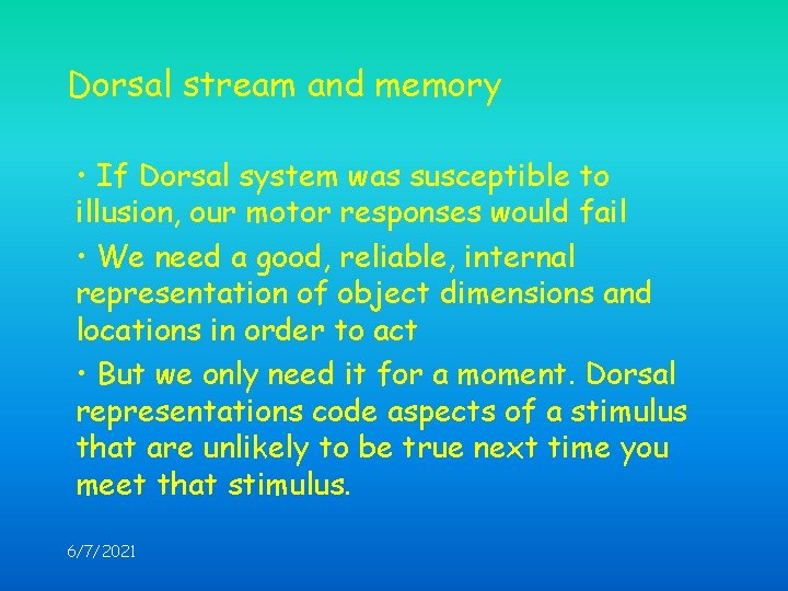 Dorsal stream and memory • If Dorsal system was susceptible to illusion, our motor