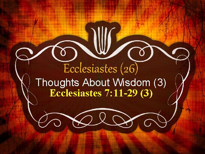 Ecclesiastes (26) Thoughts About Wisdom (3) Ecclesiastes 7: 11 -29 (3) 