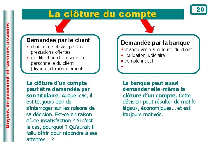 Moyens de paiement et services associés La clôture du compte Demandée par le client