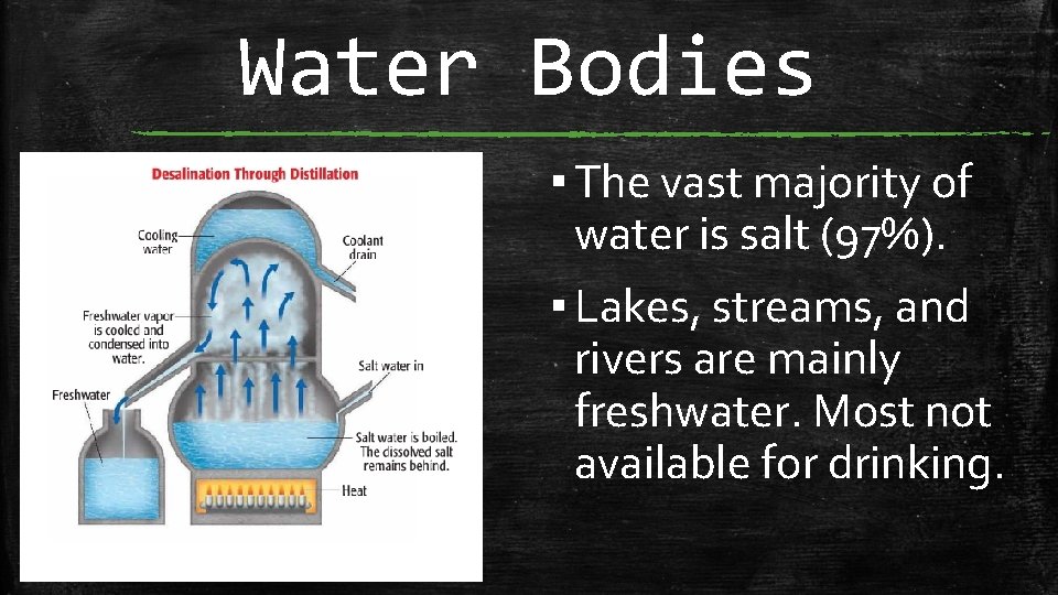Water Bodies ▪ The vast majority of water is salt (97%). ▪ Lakes, streams,