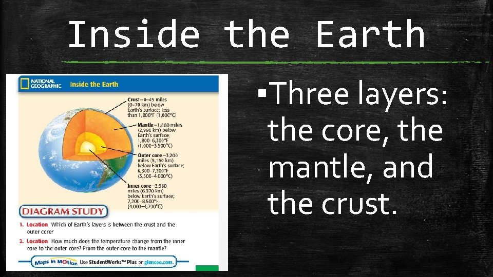 Inside the Earth ▪Three layers: the core, the mantle, and the crust. 