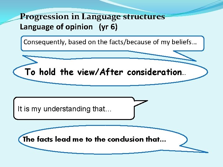 Progression in Language structures Language of opinion (yr 6) Consequently, based on the facts/because