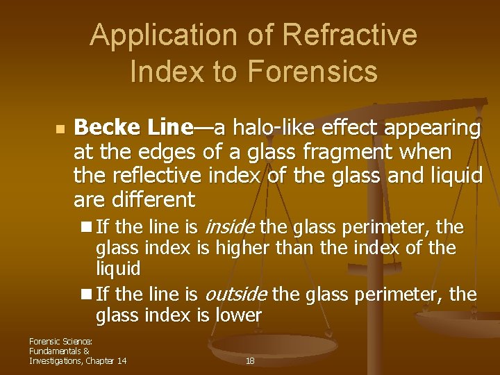 Application of Refractive Index to Forensics n Becke Line—a halo-like effect appearing at the