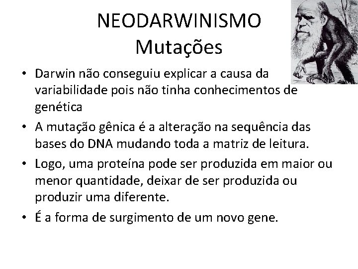 NEODARWINISMO Mutações • Darwin não conseguiu explicar a causa da variabilidade pois não tinha
