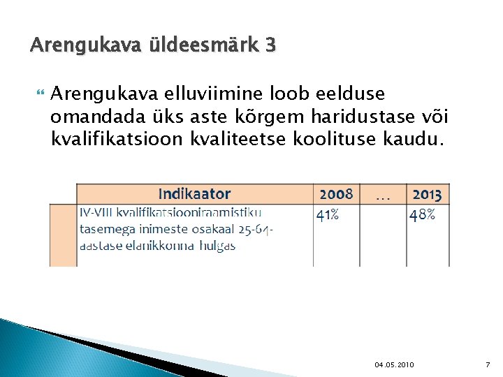 Arengukava üldeesmärk 3 Arengukava elluviimine loob eelduse omandada üks aste kõrgem haridustase või kvalifikatsioon