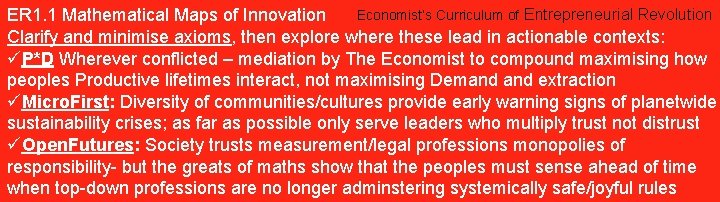 Economist’s Curriculum of Entrepreneurial Revolution ER 1. 1 Mathematical Maps of Innovation Clarify and