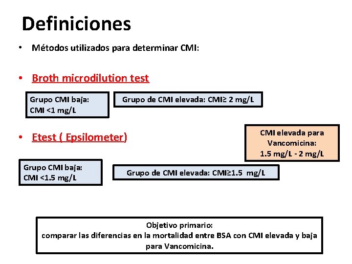 Definiciones • Métodos utilizados para determinar CMI: • Broth microdilution test Grupo CMI baja: