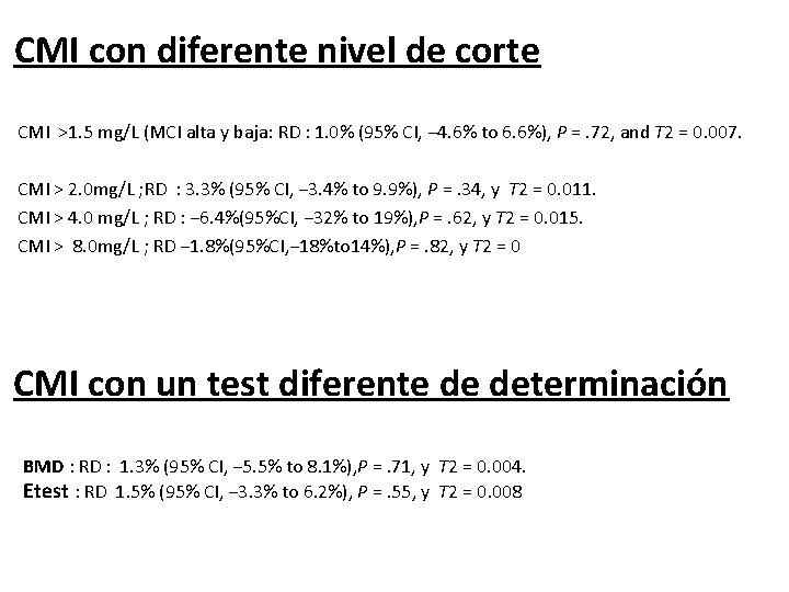 CMI con diferente nivel de corte CMI >1. 5 mg/L (MCI alta y baja: