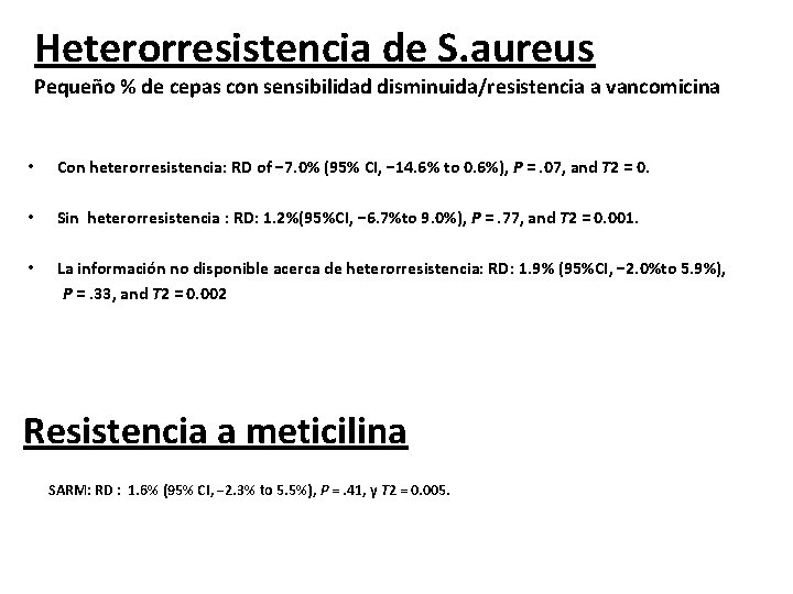 Heterorresistencia de S. aureus Pequeño % de cepas con sensibilidad disminuida/resistencia a vancomicina •