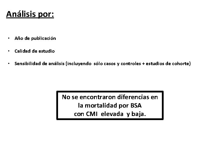 Análisis por: • Año de publicación • Calidad de estudio • Sensibilidad de análisis