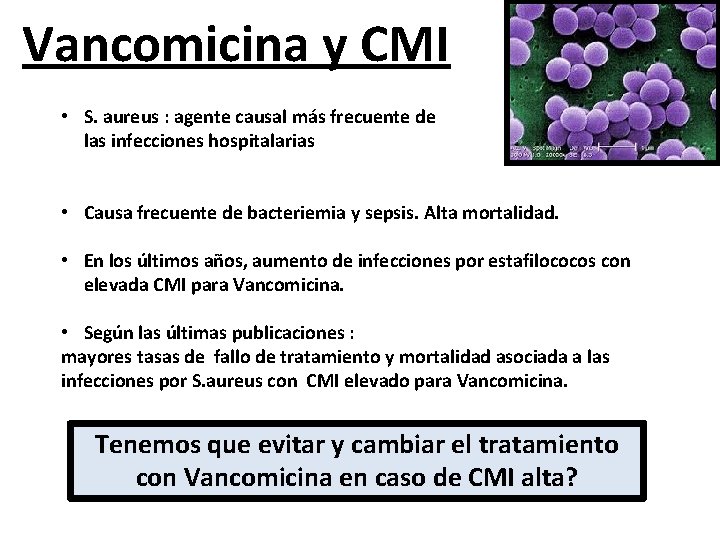 Vancomicina y CMI • S. aureus : agente causal más frecuente de las infecciones