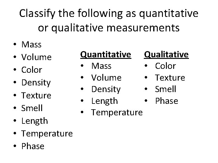 Classify the following as quantitative or qualitative measurements • • • Mass Volume Color