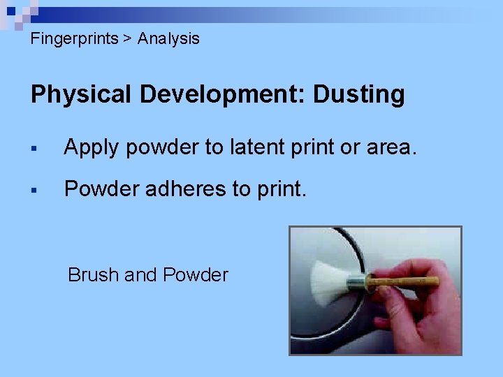 Fingerprints > Analysis Physical Development: Dusting § Apply powder to latent print or area.