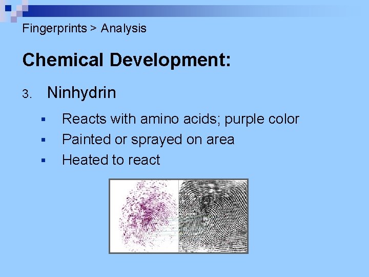 Fingerprints > Analysis Chemical Development: Ninhydrin 3. § § § Reacts with amino acids;