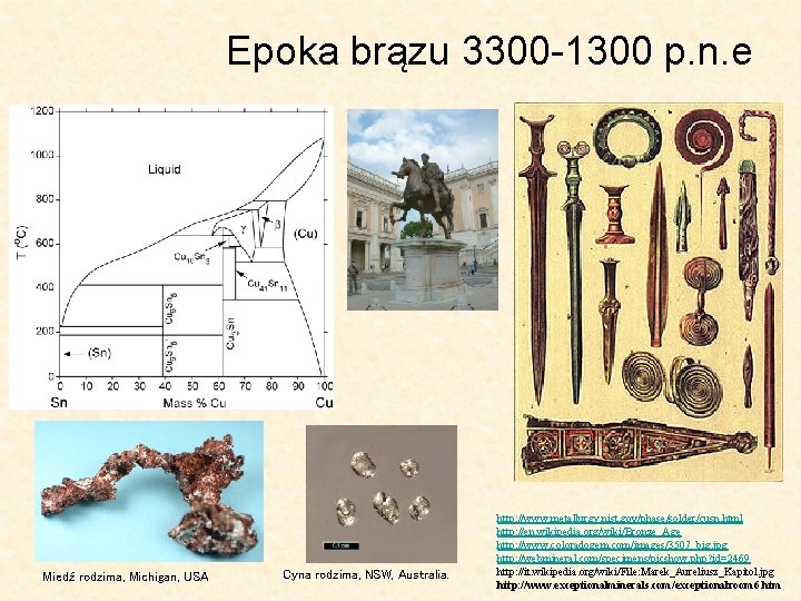Epoka brązu 3300 -1300 p. n. e Miedź rodzima, Michigan, USA Cyna rodzima, NSW,