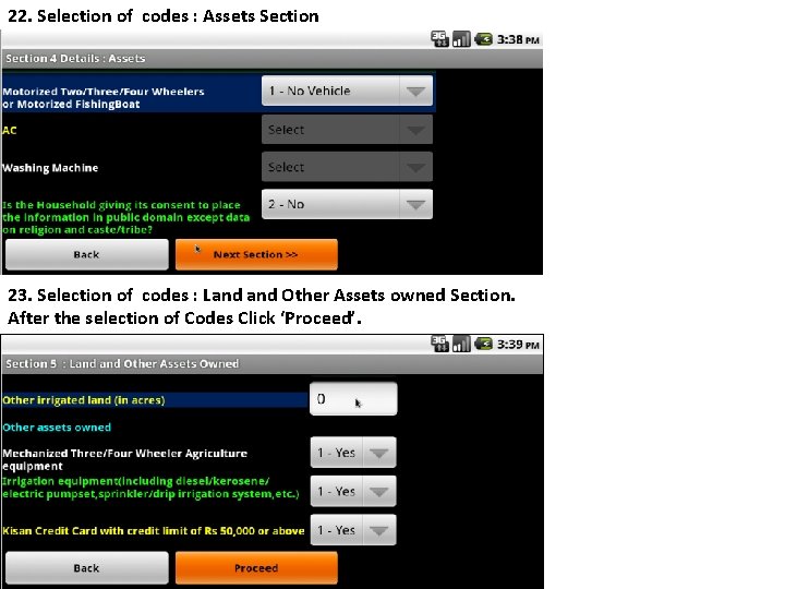 22. Selection of codes : Assets Section 23. Selection of codes : Land Other