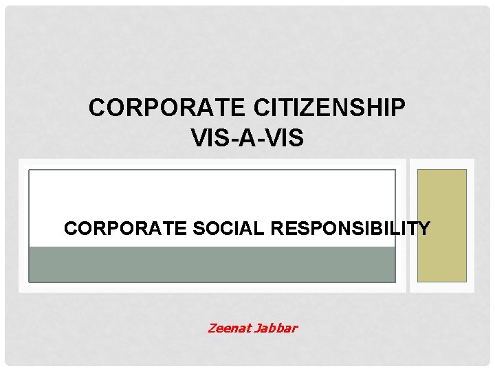 CORPORATE CITIZENSHIP VIS-A-VIS CORPORATE SOCIAL RESPONSIBILITY Zeenat Jabbar 