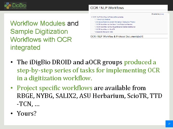 Workflow Modules and Sample Digitization Workflows with OCR integrated • The i. Dig. Bio