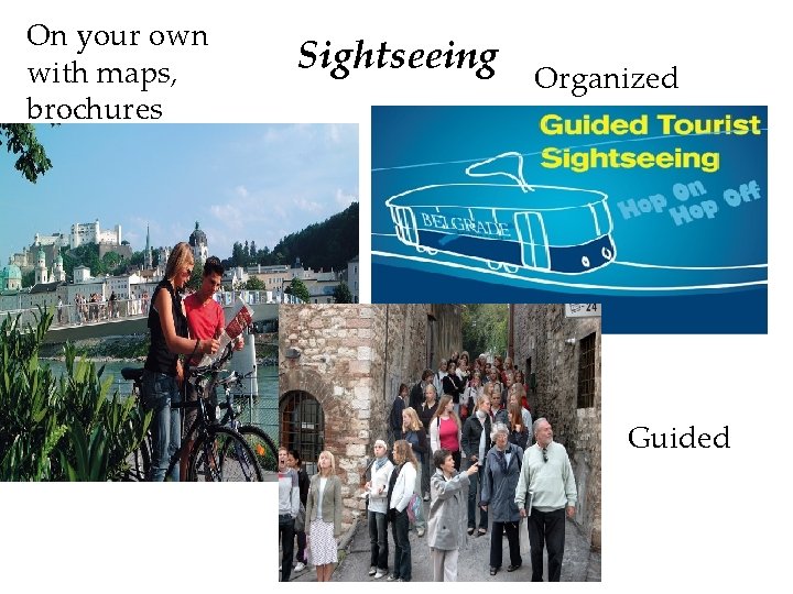 On your own with maps, brochures Sightseeing Organized Guided 