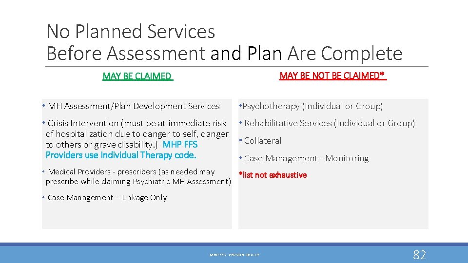No Planned Services Before Assessment and Plan Are Complete MAY BE NOT BE CLAIMED* No Planned Services Before Assessment and Plan Are Complete MAY BE NOT BE CLAIMED*