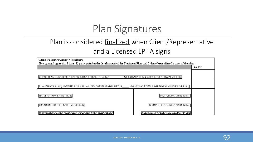 Plan Signatures Plan is considered finalized when Client/Representative and a Licensed LPHA signs MHP Plan Signatures Plan is considered finalized when Client/Representative and a Licensed LPHA signs MHP