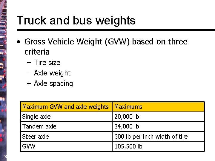 Truck and bus weights • Gross Vehicle Weight (GVW) based on three criteria –