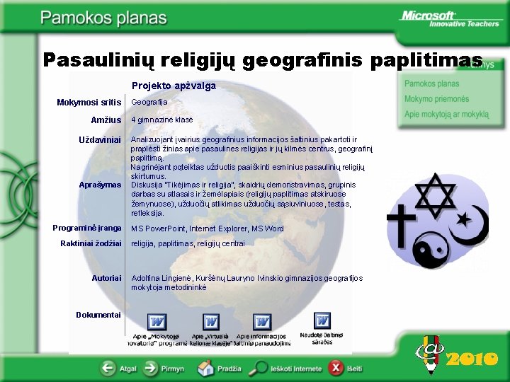 Pasaulinių religijų geografinis paplitimas Projekto apžvalga Mokymosi sritis Amžius Uždaviniai Aprašymas Programinė įranga Raktiniai
