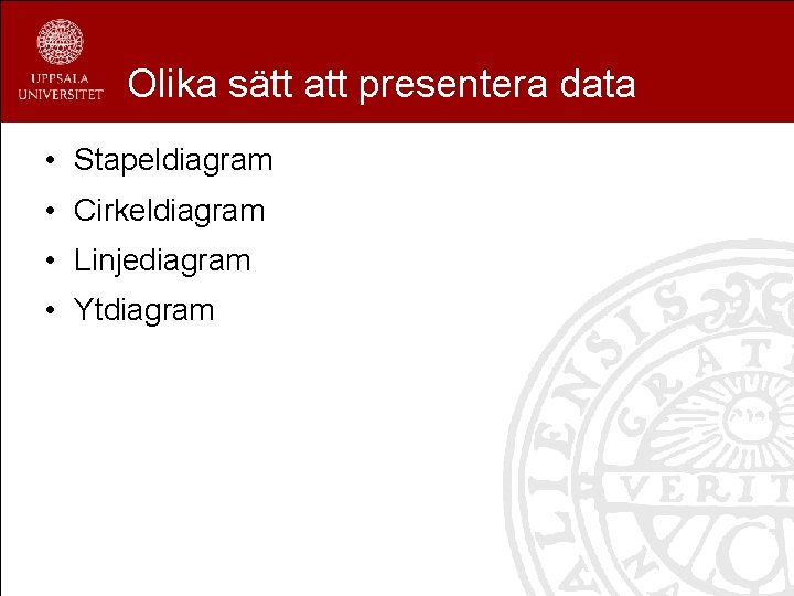 Olika sätt att presentera data • Stapeldiagram • Cirkeldiagram • Linjediagram • Ytdiagram 