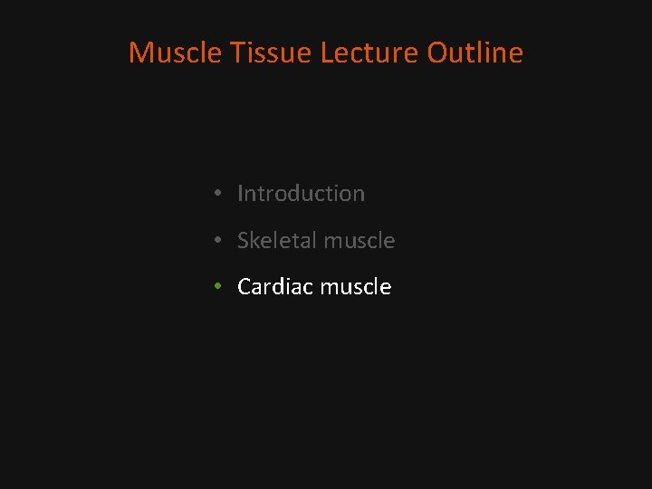 Muscle Tissue Lecture Outline • Introduction • Skeletal muscle • Cardiac muscle 