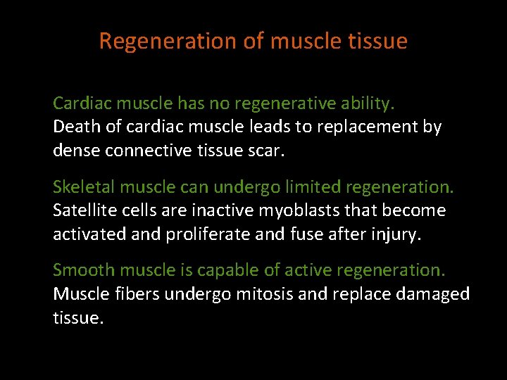 Regeneration of muscle tissue Cardiac muscle has no regenerative ability. Death of cardiac muscle