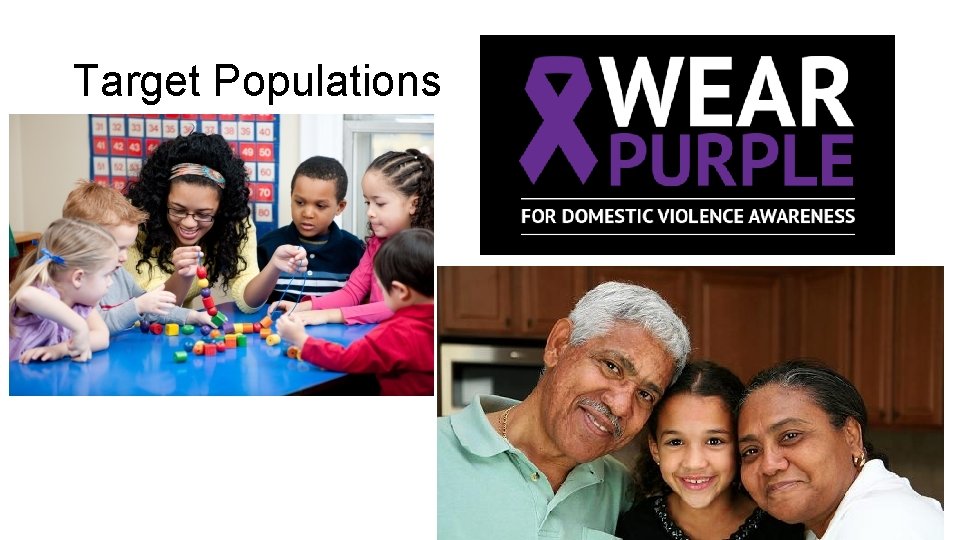 Target Populations • Early Care Providers • Domestic Violence Staff • Kinship Care 