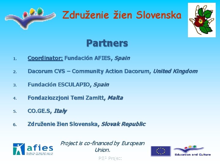 Združenie žien Slovenska Partners 1. Coordinator: Fundación AFIES, Spain 2. Dacorum CVS – Community