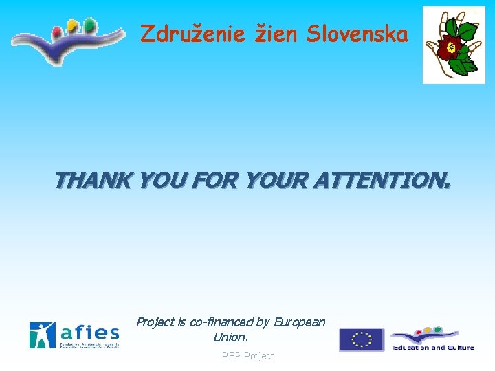 Združenie žien Slovenska THANK YOU FOR YOUR ATTENTION. Project is co-financed by European Union.