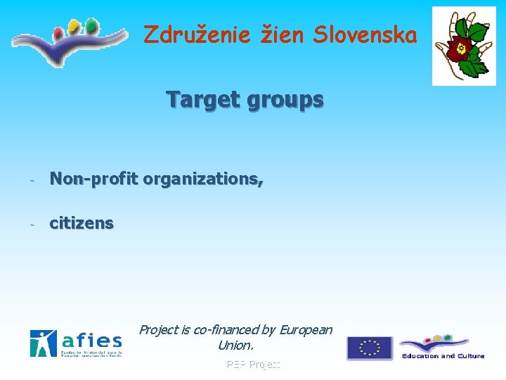 Združenie žien Slovenska Target groups - Non-profit organizations, - citizens Project is co-financed by