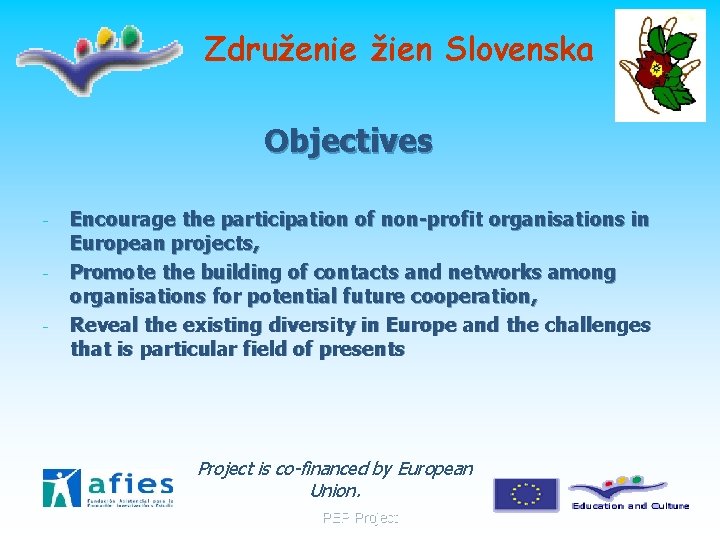 Združenie žien Slovenska Objectives - - - Encourage the participation of non-profit organisations in