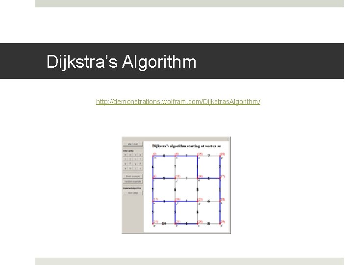 Dijkstra’s Algorithm http: //demonstrations. wolfram. com/Dijkstras. Algorithm/ Dijkstra’s Algorithm http: //demonstrations. wolfram. com/Dijkstras. Algorithm/