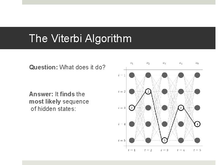 The Viterbi Algorithm Question: What does it do? Answer: It finds the most likely The Viterbi Algorithm Question: What does it do? Answer: It finds the most likely