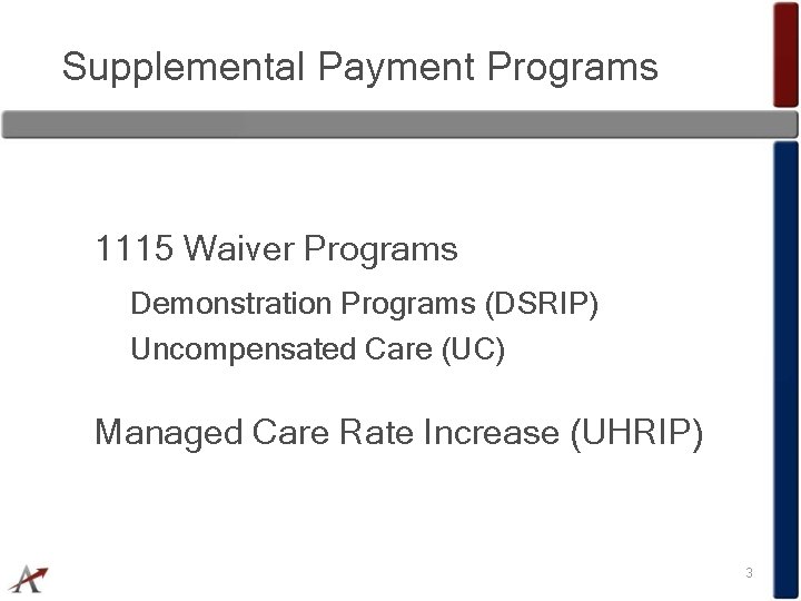 Supplemental Payment Programs 1115 Waiver Programs Demonstration Programs (DSRIP) Uncompensated Care (UC) Managed Care
