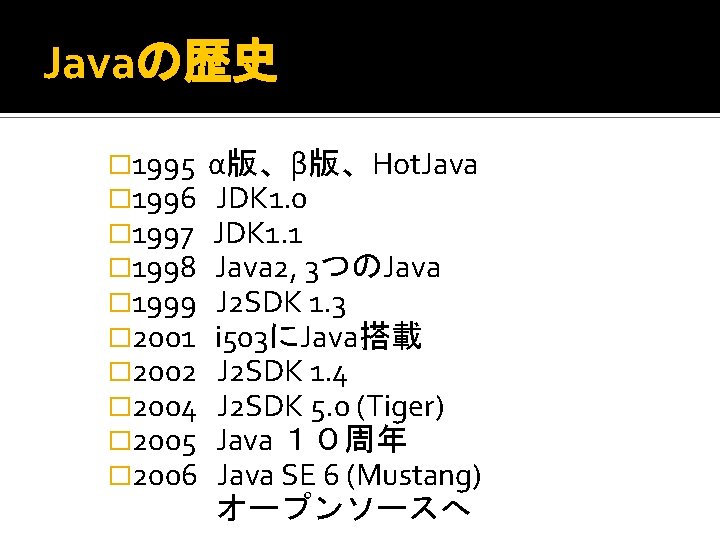 Javaの歴史 � 1995 � 1996 � 1997 � 1998 � 1999 � 2001 �