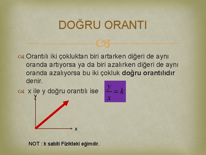 DOĞRU ORANTI Orantılı iki çokluktan biri artarken diğeri de aynı oranda artıyorsa ya da