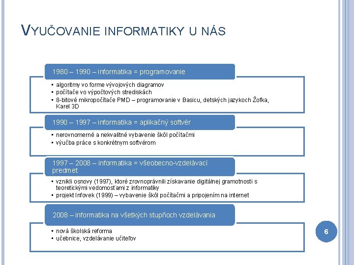 VYUČOVANIE INFORMATIKY U NÁS 1980 – 1990 – informatika = programovanie • algoritmy vo