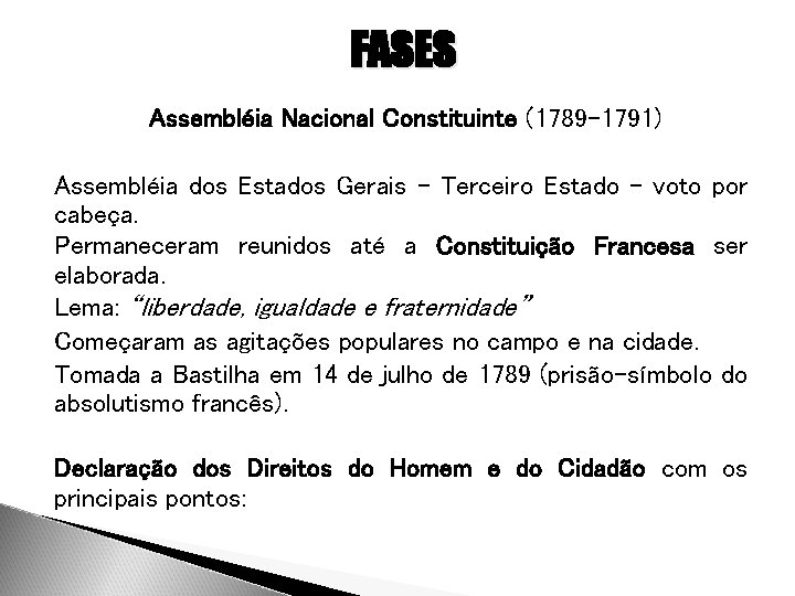 FASES Assembléia Nacional Constituinte (1789 -1791) Assembléia dos Estados Gerais – Terceiro Estado -