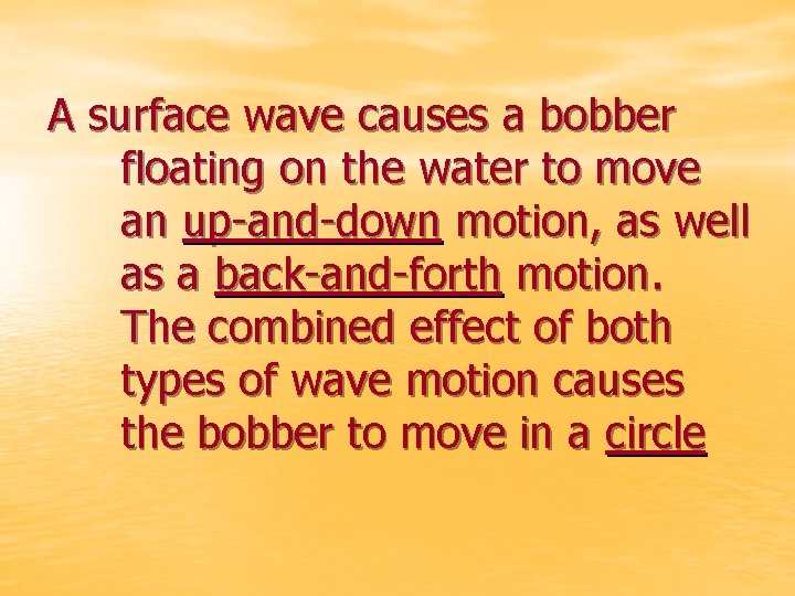 A surface wave causes a bobber floating on the water to move an up-and-down