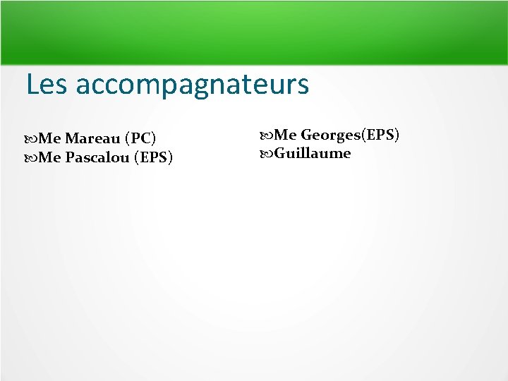 Les accompagnateurs Me Mareau (PC) Me Pascalou (EPS) Me Georges(EPS) Guillaume 