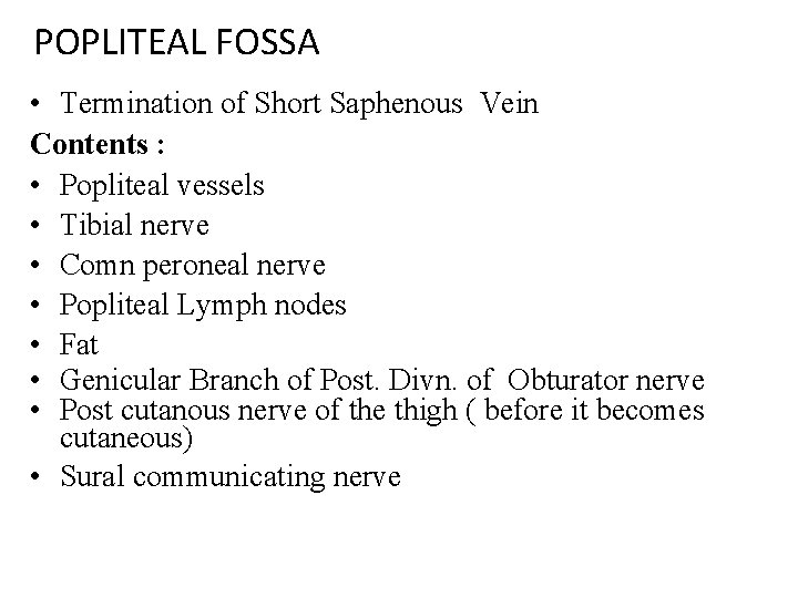 POPLITEAL FOSSA • Termination of Short Saphenous Vein Contents : • Popliteal vessels •