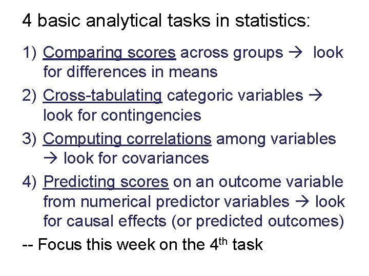 4 basic analytical tasks in statistics: 1) Comparing scores across groups look for differences