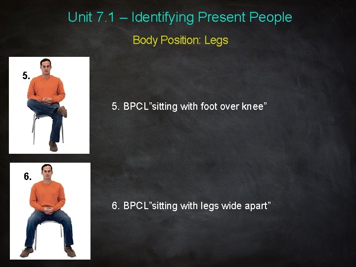 Unit 7. 1 – Identifying Present People Body Position: Legs 5. 5. BPCL”sitting with