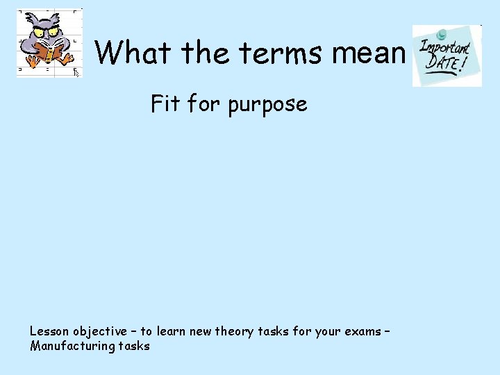 What the terms mean Fit for purpose Lesson objective – to learn new theory