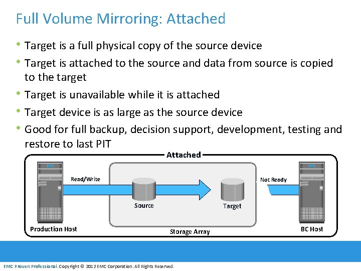 Full Volume Mirroring: Attached • Target is a full physical copy of the source