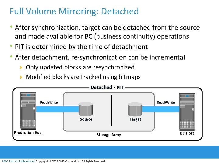 Full Volume Mirroring: Detached • After synchronization, target can be detached from the source